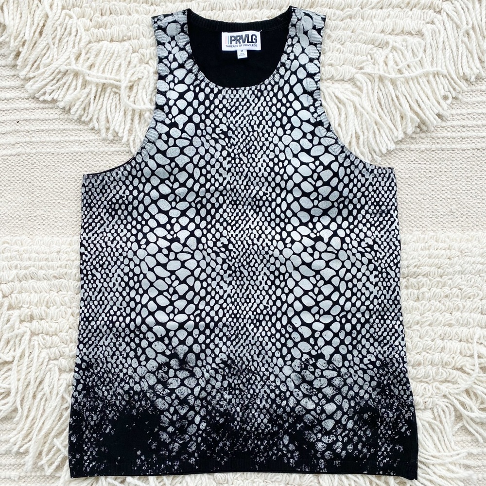 THREADS OF PRIVILEGE black and silver snake foil print knit tank top M